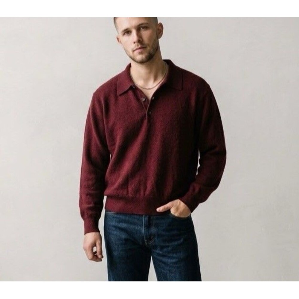Vintage Van Heusen Merino Wool Polo Sweater Burgundy Oxblood Dark Academia L